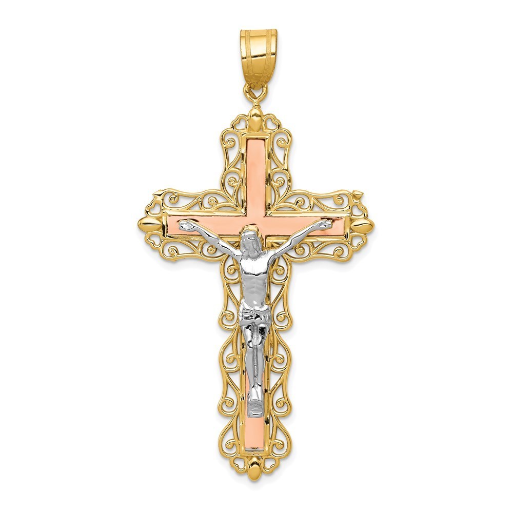 Million Charms 14k Gold Tri-Color Diamond-Cut Crucifix Necklace Charm Pendant